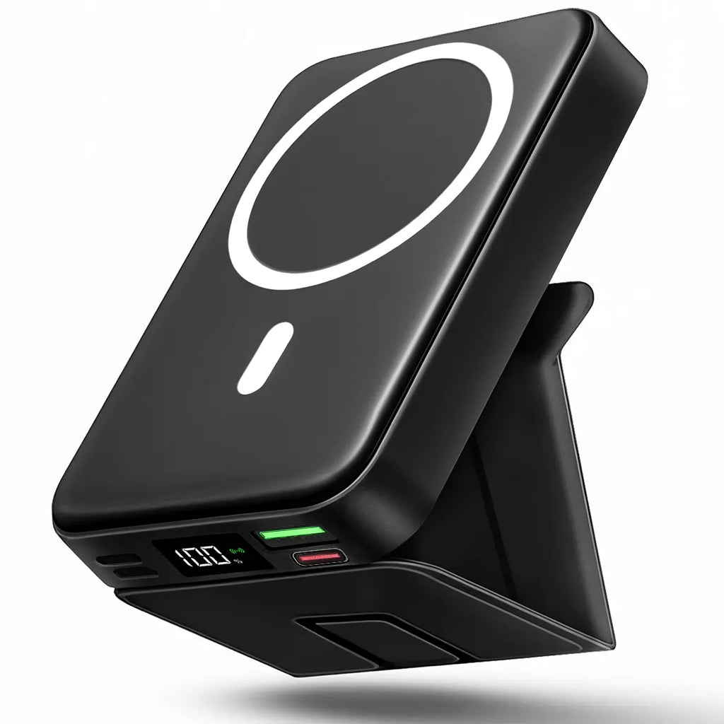 2026 US Spring Glow up Campaign 10000Mah Magnetic Power Bank Wireless Portable Charger with USB-C Cable LED Display Foldable Battery Pack for Iphone17/ 16/15/14/13/12/Pro/Pro Max Series Charging Compact Silicone Black