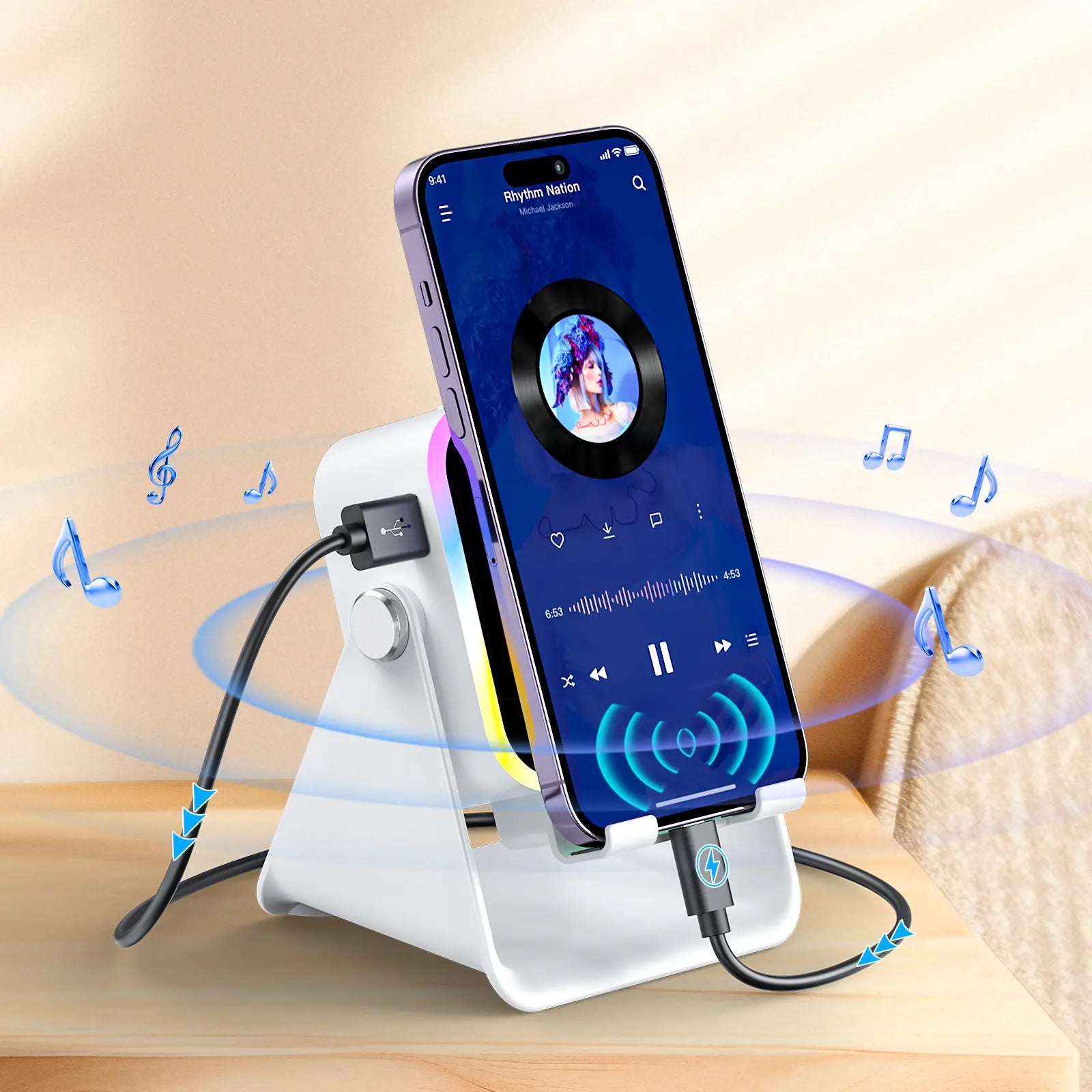 [Fathersdaygift] PUTARE Wireless Induction Audio Speaker Stand, 5In1 Cellphone Holder, 3500Mah Rechargeable Emergency Power Bank,360° Adjustable Mobile Tablet Stand with Colorful Ambient Light Gifts for Men Women Summerwins