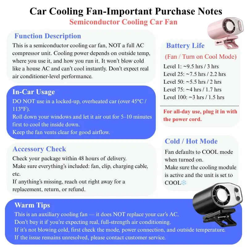 【Fathersdaygift & 3-Days Shipping】Joytutus Semiconductor Cooling Car Clip on Fan - 360° Rotation, 100 Speeds Adjustable, LED Display, USB Rechargeable, Wide Clamp, 16℃ Semi-Cooling, 20Hr 3000Mah Battery, Personal Summer Fan for Car Sunvisor Backseat